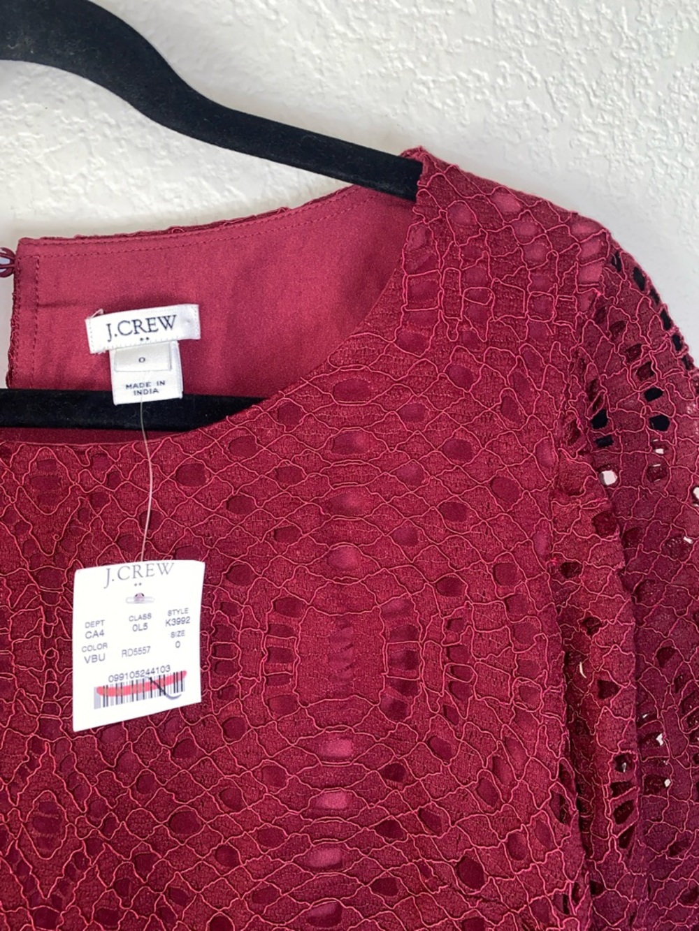 🛍️ NWT J. Crew Dress Size 0 Lace Overlay 3/4 Sleeve Red Burgundy! - Picture 4 of 10